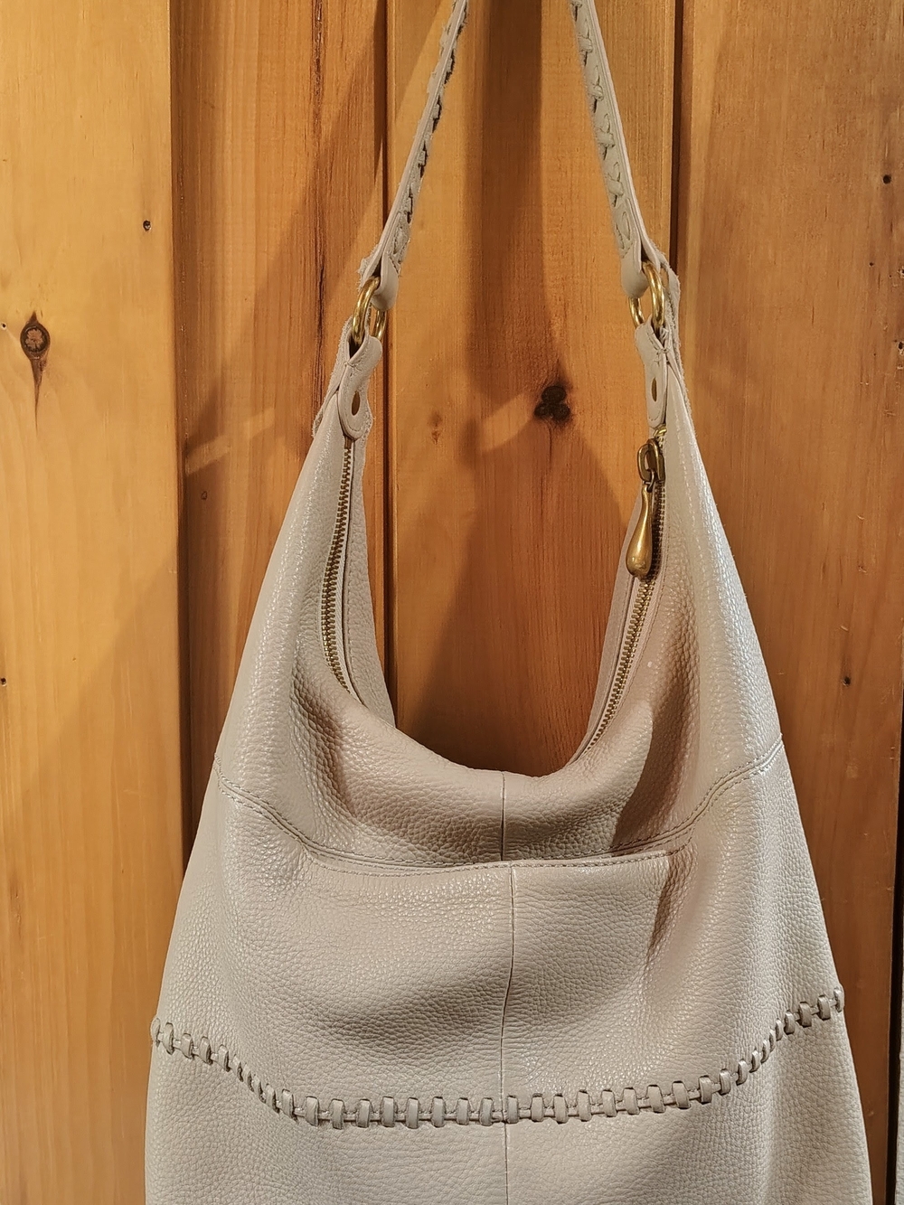 HOBO International Large Pebbled Leather Hobo Shoulder Bag Taupe Whipstitch